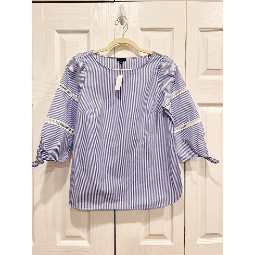 TALBOTS TIE DETAIL POPLIN TOP - GENTLE STRIPE Size Small Petite NWT - Picture 2 of 6